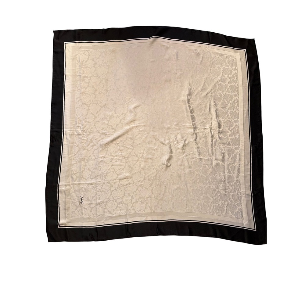 Yves Saint Laurent Scarf White Black Foulard Floral Jacquard Silk Made in France - Picture 1 of 5